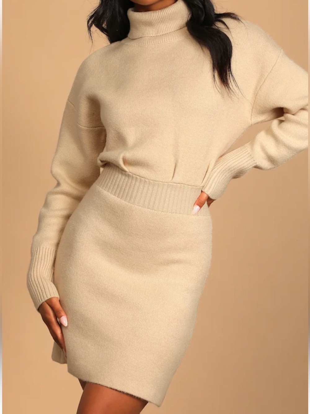 Lulus - Sweet Comforts Turtleneck Mini Sweater Dress. Size Small. Cream